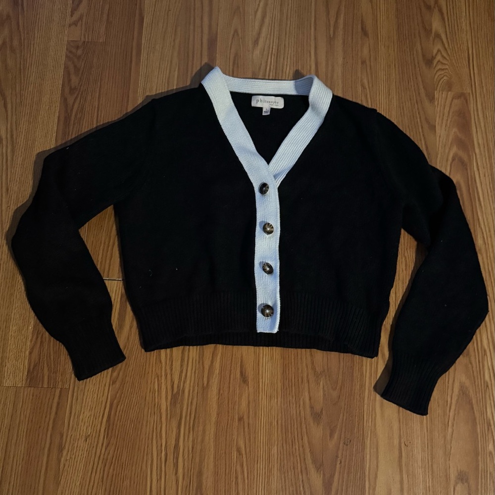 Philosophy‎ Black & White Classic Women's Cropped Cardigan Sweater Size L NWOT